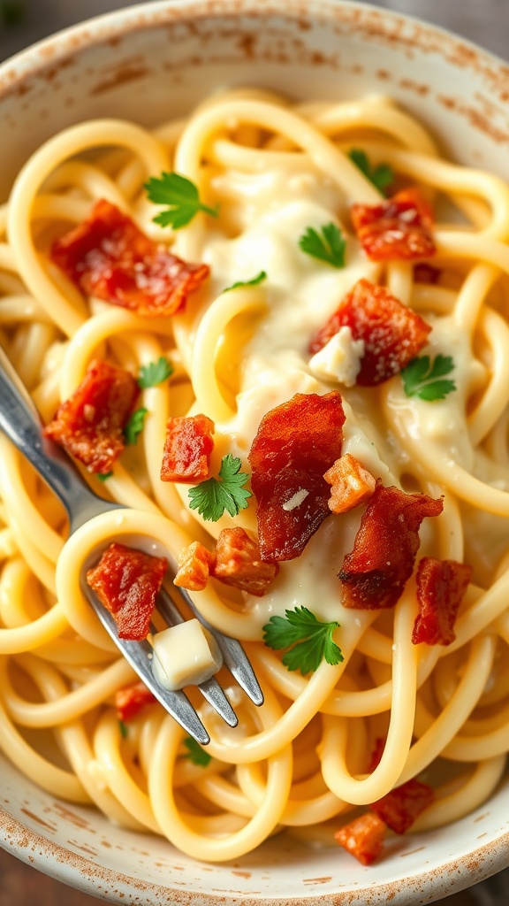 Creamy four cheese pasta with bacon in a bowl, garnished with parsley.